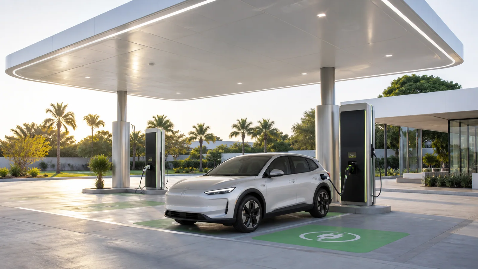Posto contemporâneo com estações profissionais de recarga rápida para veículos elétricos